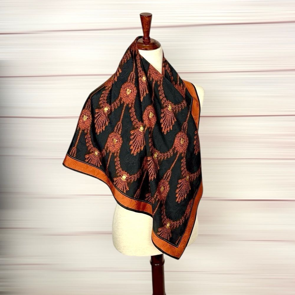 Vintage Evan Picone Silk Scarf Black with Cooper Tassel and Garland Motif Japan